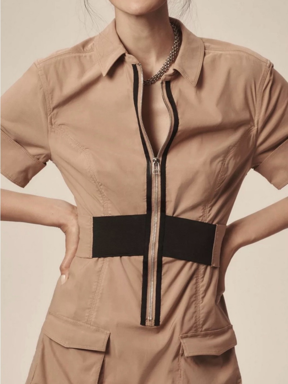 Maeve Anthropologie Front Zip Mini Dress Utility Size XS V-neck Womens